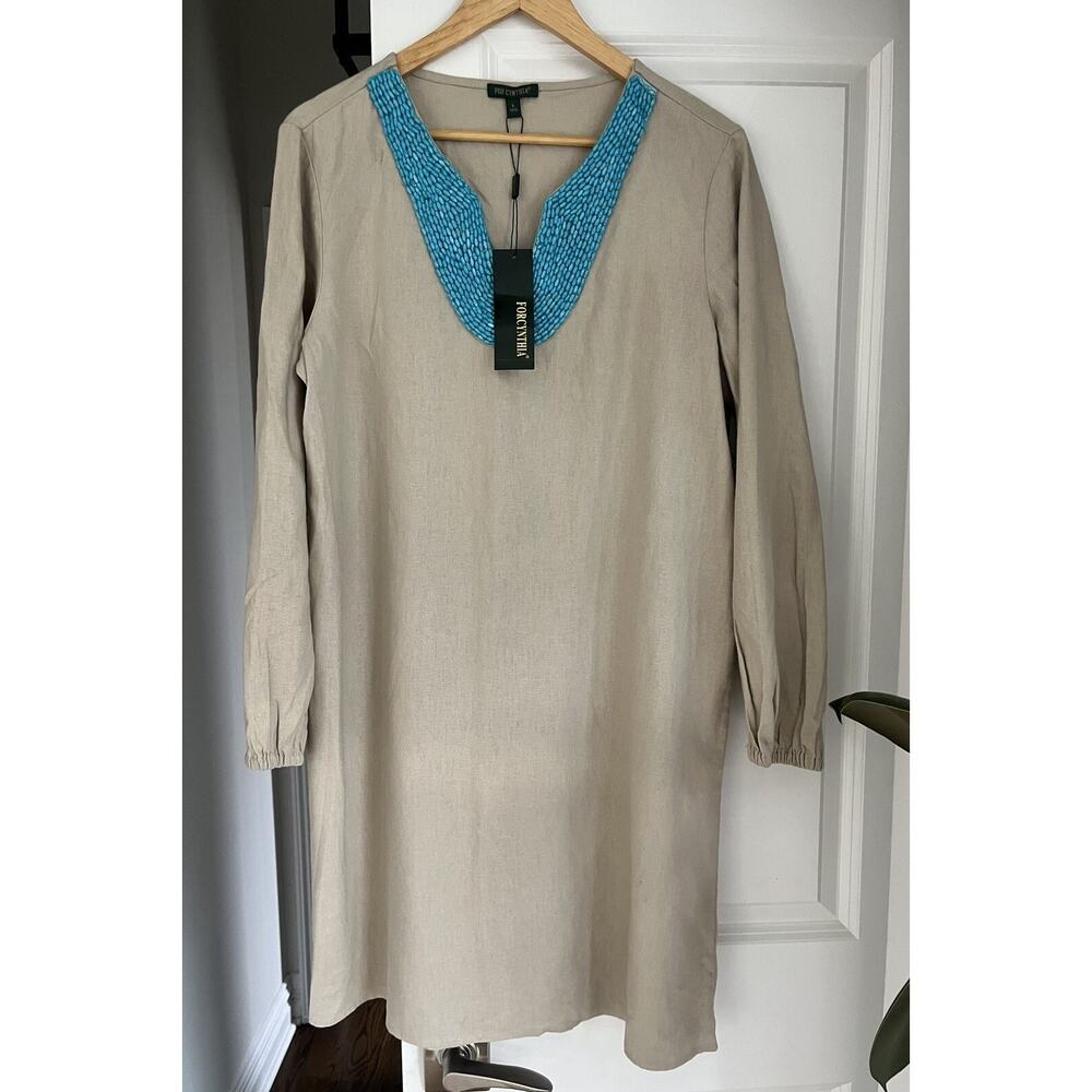 For Cynthia Womens Dress Linen Minimalist Blue Bead Neckline Sz. L NWT